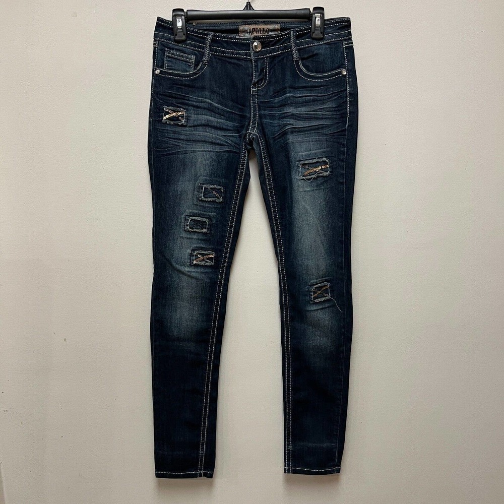 Apollo Jeans Size 3/4 Med Wash Womens Distressed Embellished Blue